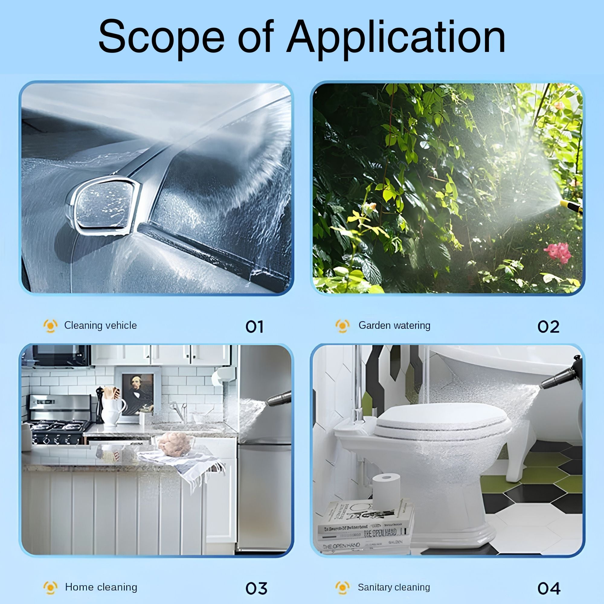 Multipurpose cleaning applications for the pump foam sprayer including automotive, garden, and home use.
