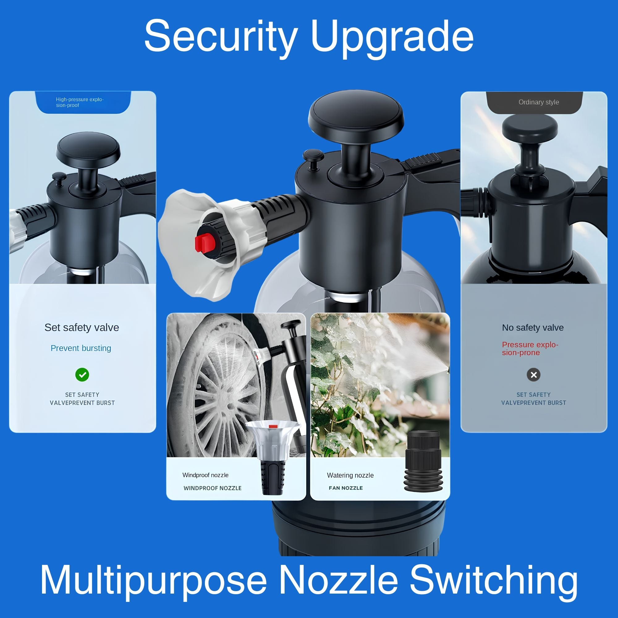 Interchangeable multipurpose nozzles and security pressure release valve for the car detailing foam sprayer.