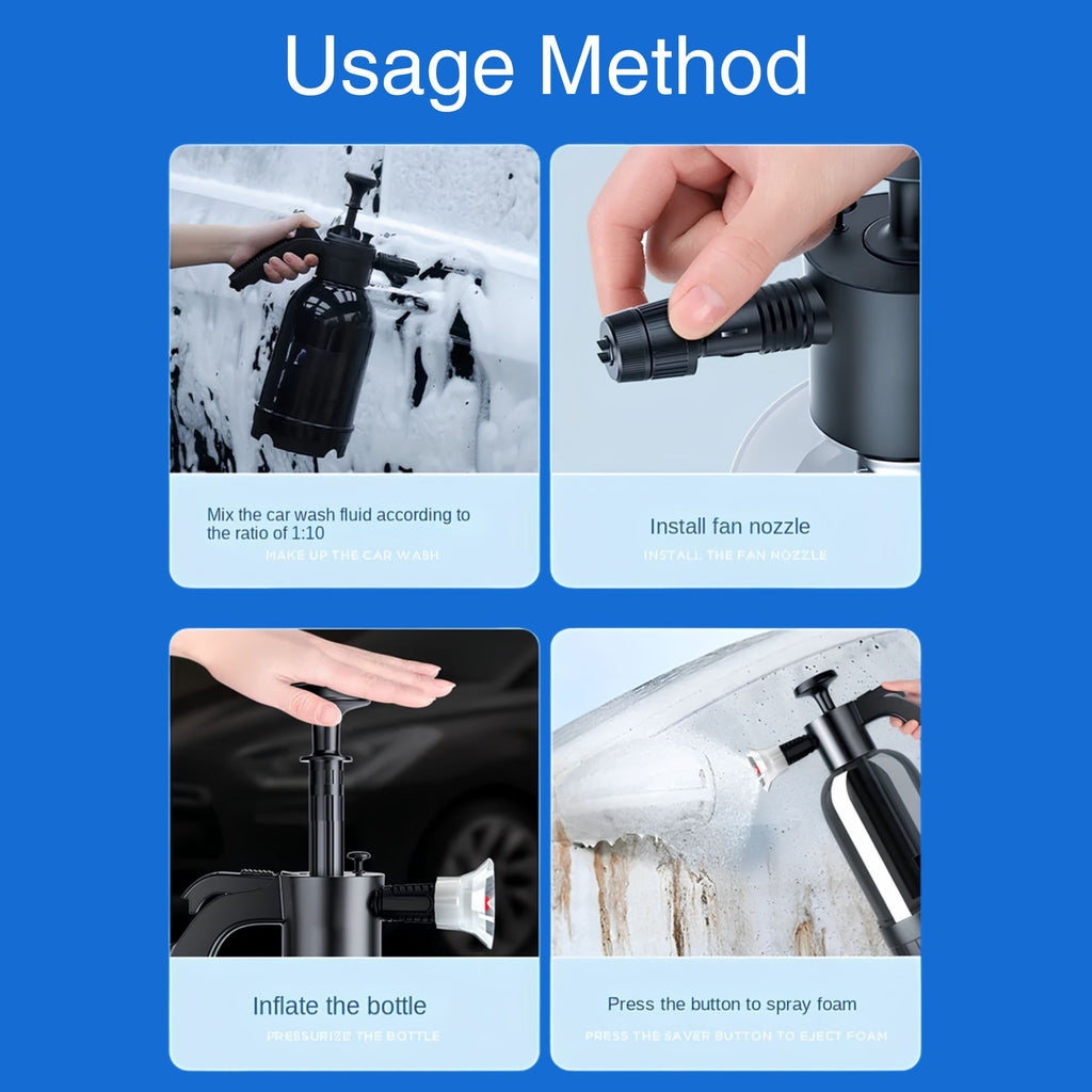 Step-by-step usage instructions for filling, pumping, and spraying the manual car wash foamer.