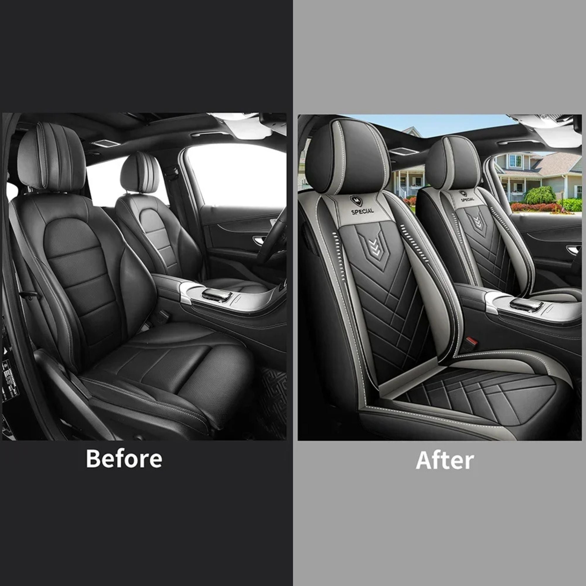 Before and after comparison of a car seat with and without the Leather-Look Seat Cover fitted