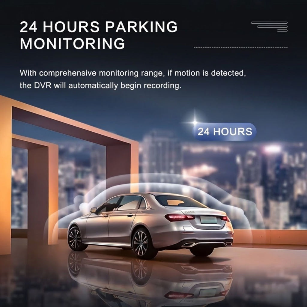 3-Camera Dash Cam 24 hour parking monitoring feature shown with a parked car at night