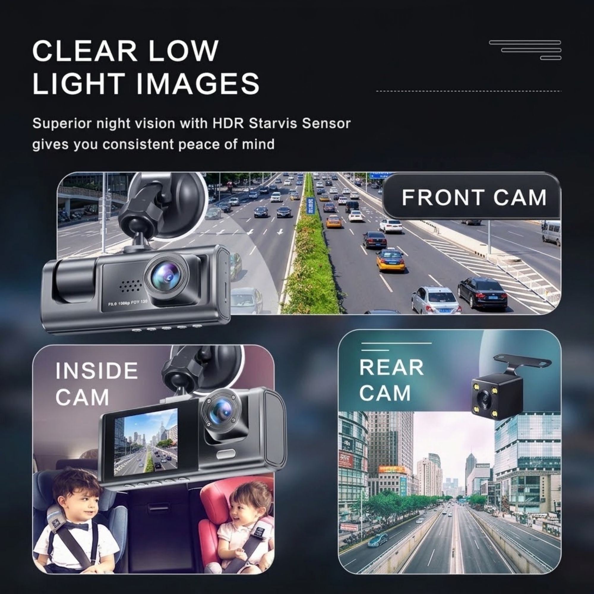 3-Camera Dash Cam clear low light night vision footage from front, inside and rear cameras