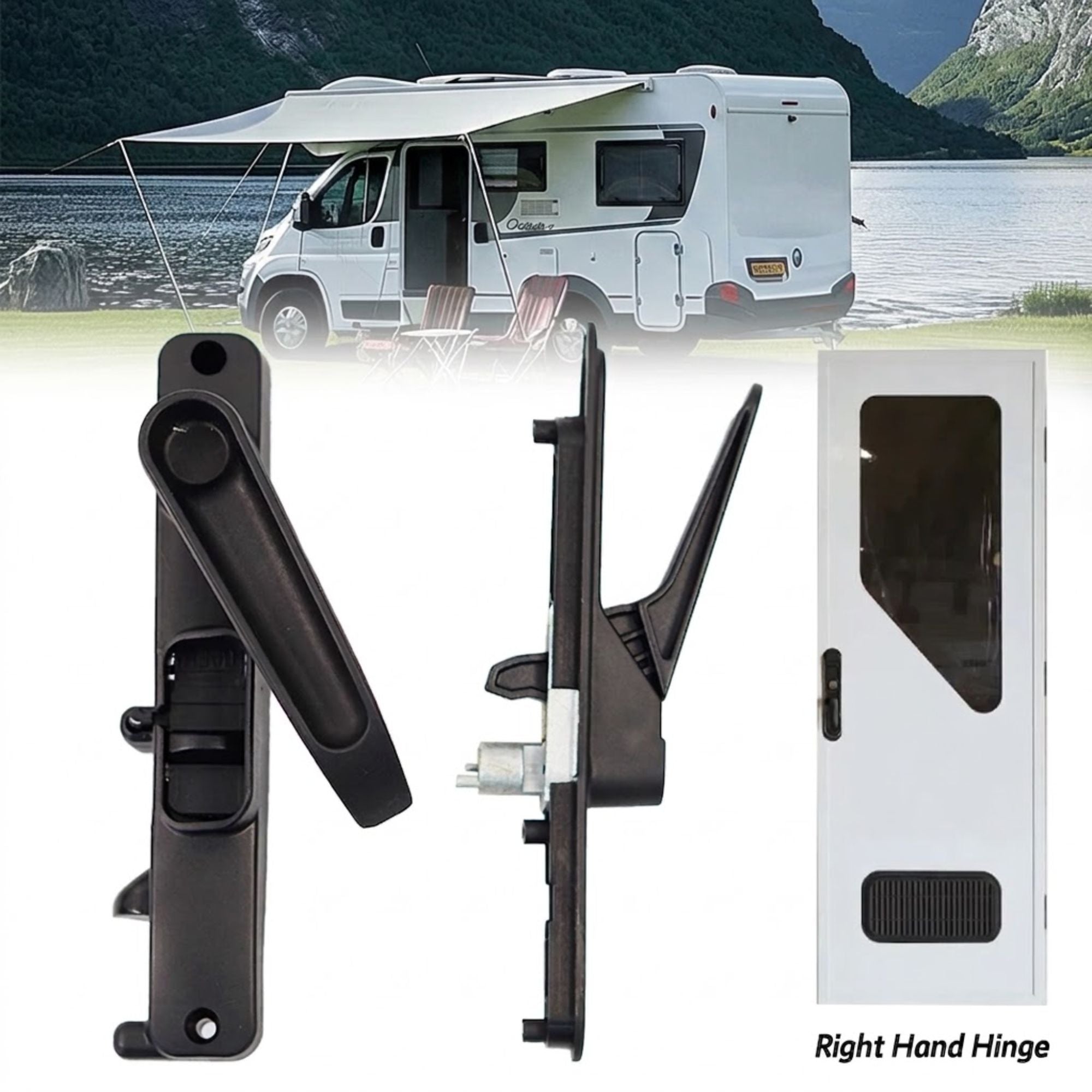 Black right-hand door hinge hardware shown in three views on a white background, with a faded background photo of a white motorhome by a lake and the text 'Right Hand Hinge'.