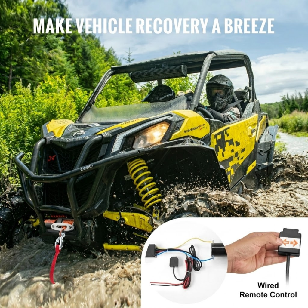 3500lb Electric Recovery Winch mounted on a mud-covered off-road buggy for vehicle recovery, with an inset close-up of its wired remote control
