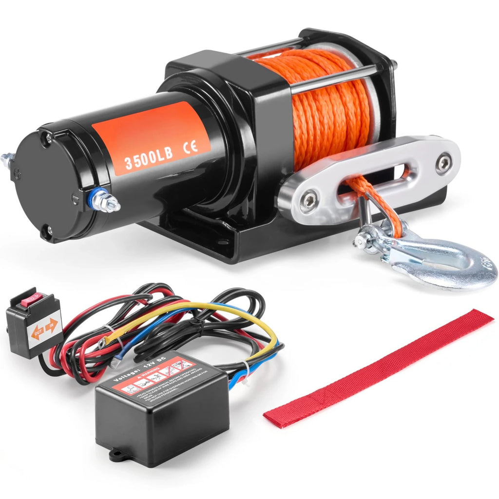 3500lb Electric Recovery Winch with orange synthetic rope, hook and mounting bracket alongside its wired remote control box and red rope sleeve on a white background