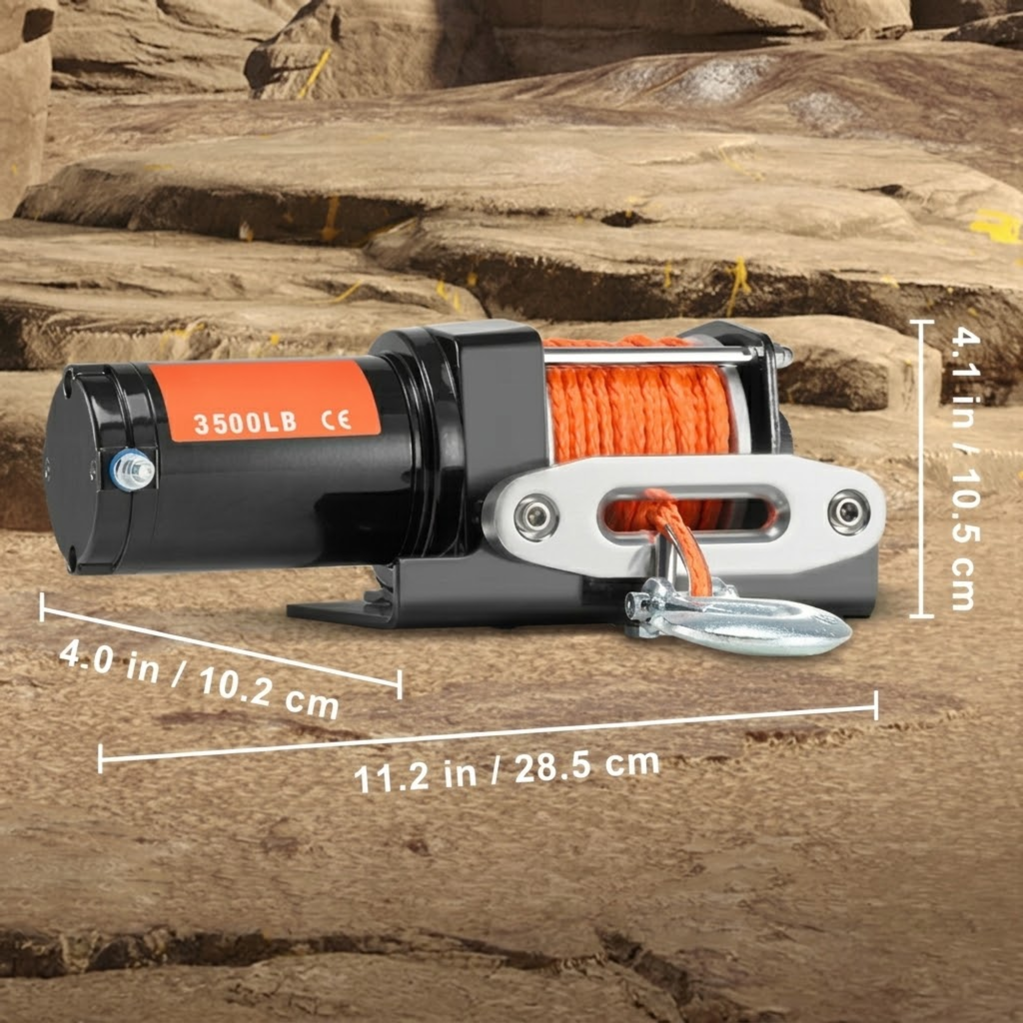 3500lb Electric Recovery Winch product photo with dimension callouts of 4.0 in/10.2 cm width, 11.2 in/28.5 cm length and 4.1 in/10.5 cm height
