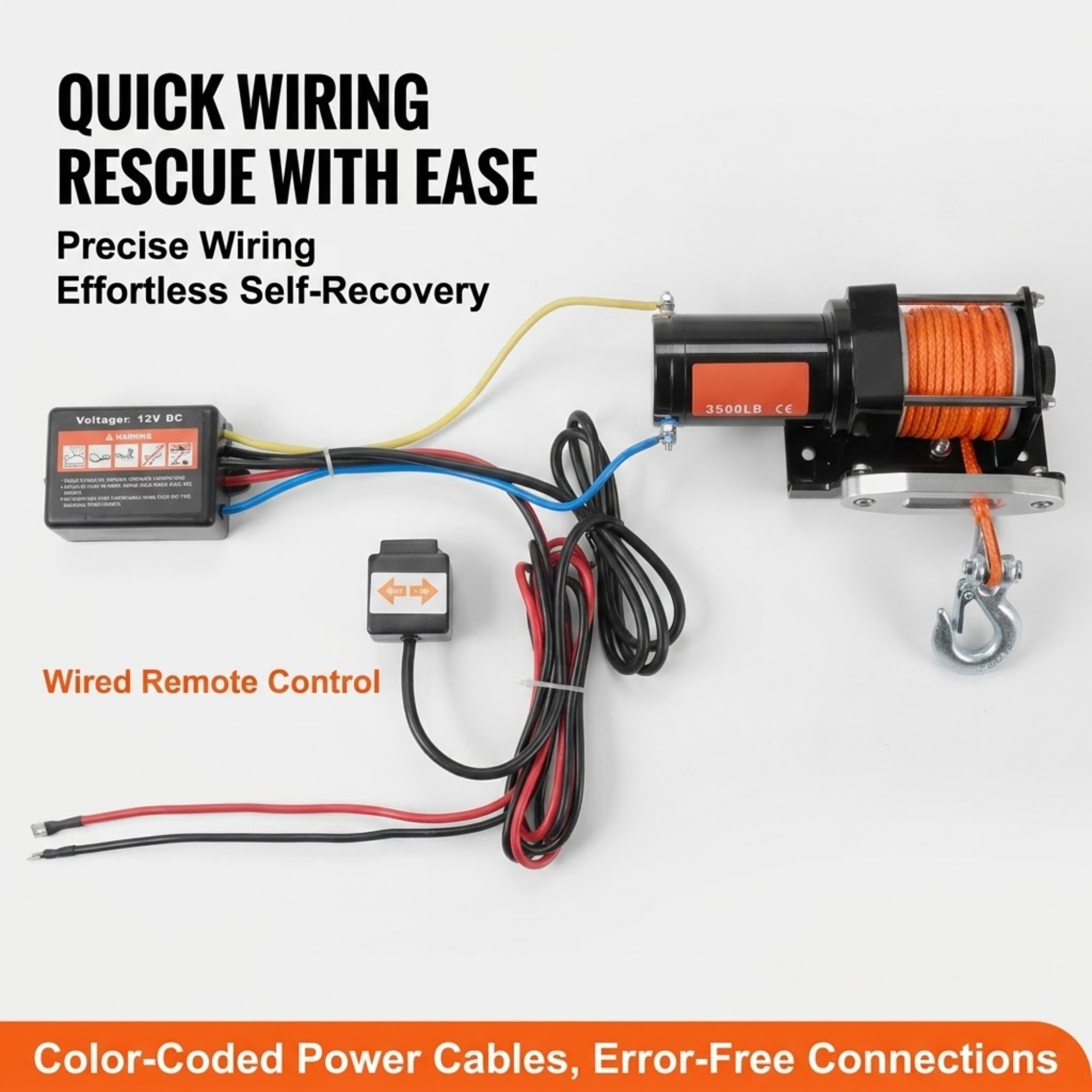 3500lb Electric Recovery Winch quick wiring diagram showing colour-coded power cables connecting the 12V DC control box, wired remote control and winch motor for error-free installation
