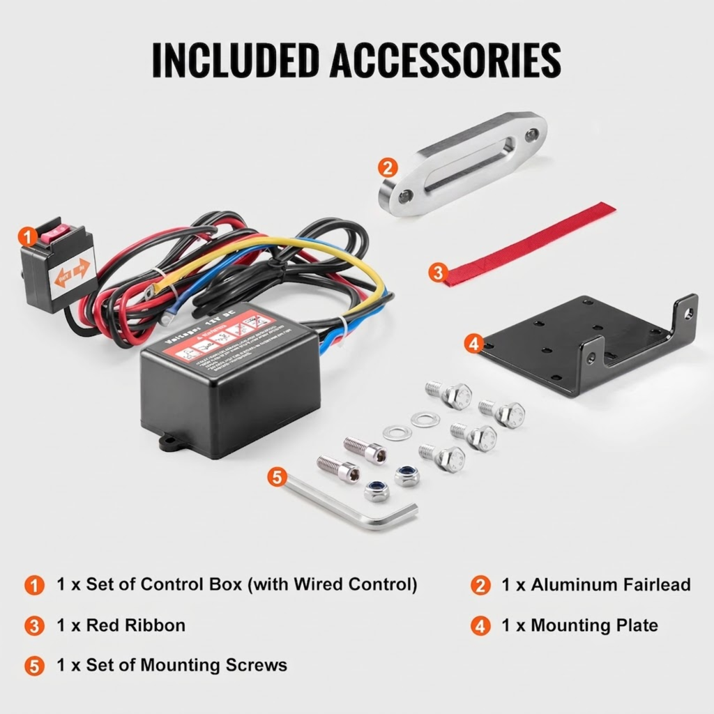 3500lb Electric Recovery Winch accessory packing list showing the wired control box, aluminium fairlead, red ribbon, mounting plate and mounting screws