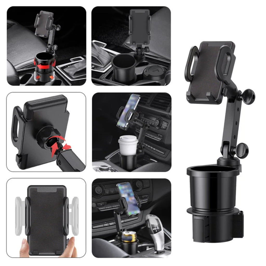 Feature collage demonstrating the multi-angle adjustability, articulating arm, and 360-degree rotation capabilities of the car cup holder smartphone mount.