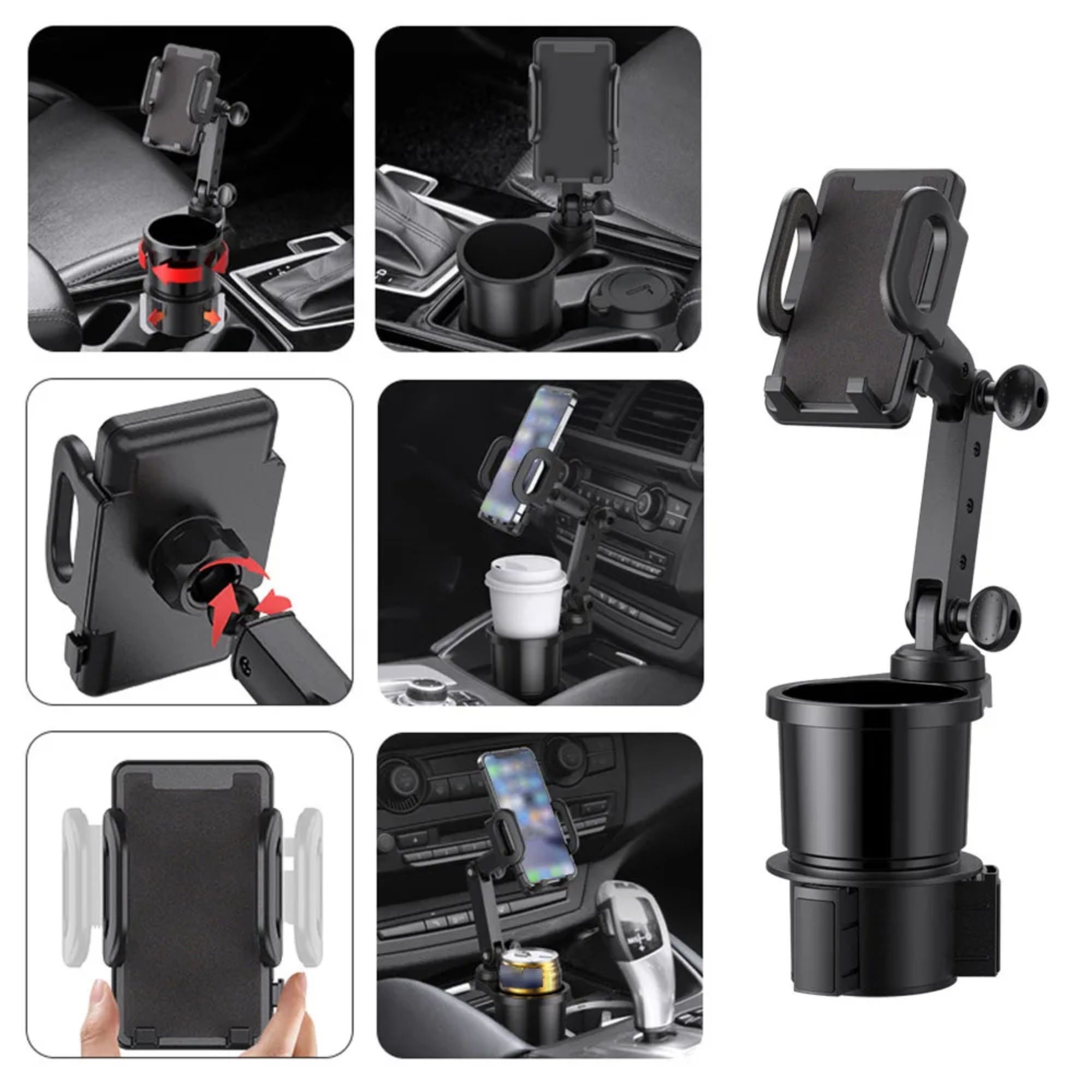 Feature collage demonstrating the multi-angle adjustability, articulating arm, and 360-degree rotation capabilities of the car cup holder smartphone mount.