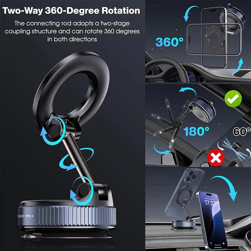 Illustration demonstrating the 360-degree rotating base and two-way adjustment capabilities of the magnetic car phone holder.