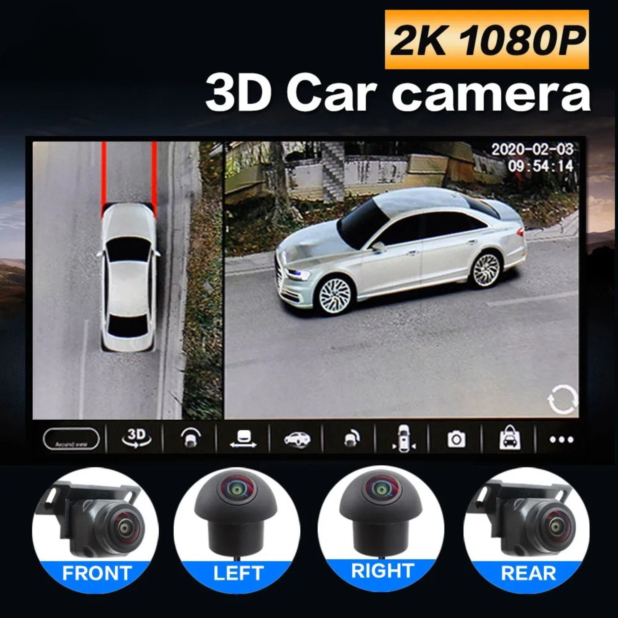 360 Degree Panoramic Car Camera 2K 1080P 3D bird's-eye view screen with four camera icons for front, left, right and rear