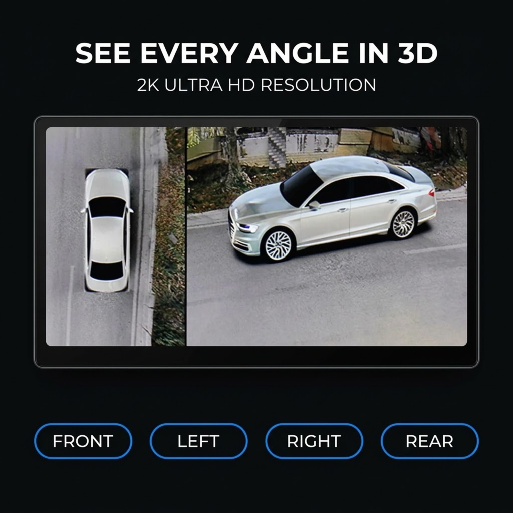 A car rear-view monitoring display graphic on a black background, showing front, left, right, and rear angles with text reading 'SEE EVERY ANGLE IN 3D' and '2K ULTRA HD RESOLUTION'.