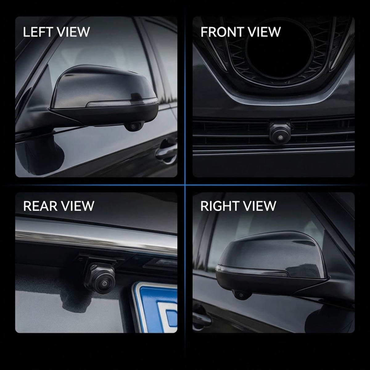 Four-panel diagram showing a car-mounted rear camera positioned in the front grille, left and right side mirrors, and above the rear license plate area, labeled LEFT VIEW, FRONT VIEW, REAR VIEW, and RIGHT VIEW.