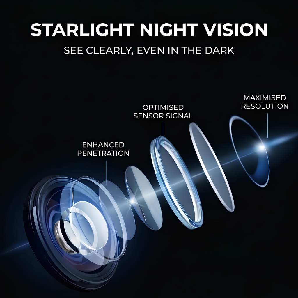 A dark promotional graphic for starlight night vision lenses, showing a layered optical lens diagram with glowing blue and white light effects and text labels including 'STARLIGHT NIGHT VISION,' 'SEE CLEARLY, EVEN IN THE DARK,' 'ENHANCED PENETRATION,' 'OPTIMISED SENSOR SIGNAL,' and 'MAXIMISED RESOLUTION.'.