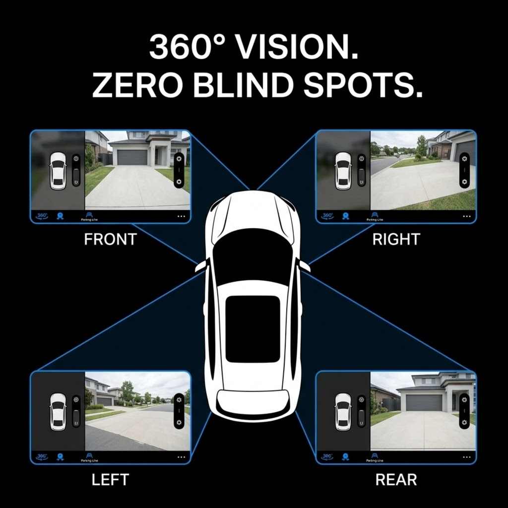 A black promotional graphic for a car camera system showing a white top-down car silhouette in the center with four screen previews labeled FRONT, RIGHT, LEFT, and REAR. White text at the top reads '360° VISION.