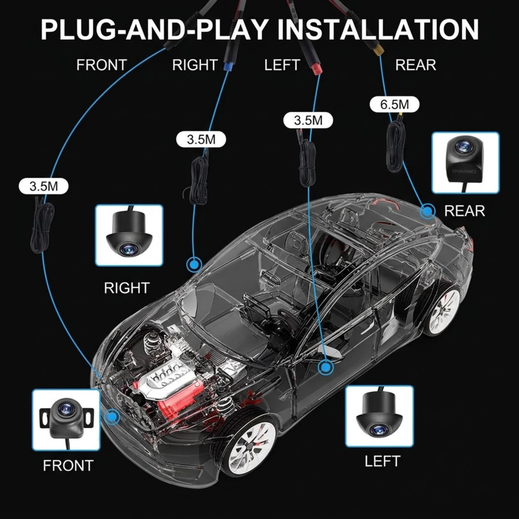 Installation diagram for a car backup camera system showing front, right, left, and rear camera locations with labeled cables and 3.5M/6.