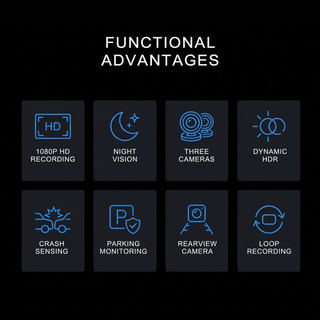 A black promotional graphic with the heading 'FUNCTIONAL ADVANTAGES' above eight dark gray feature tiles. The icons and text highlight features such as 1080P HD recording, night vision, three cameras, dynamic HDR, crash sensing, parking monitoring, rearview camera, and loop recording.