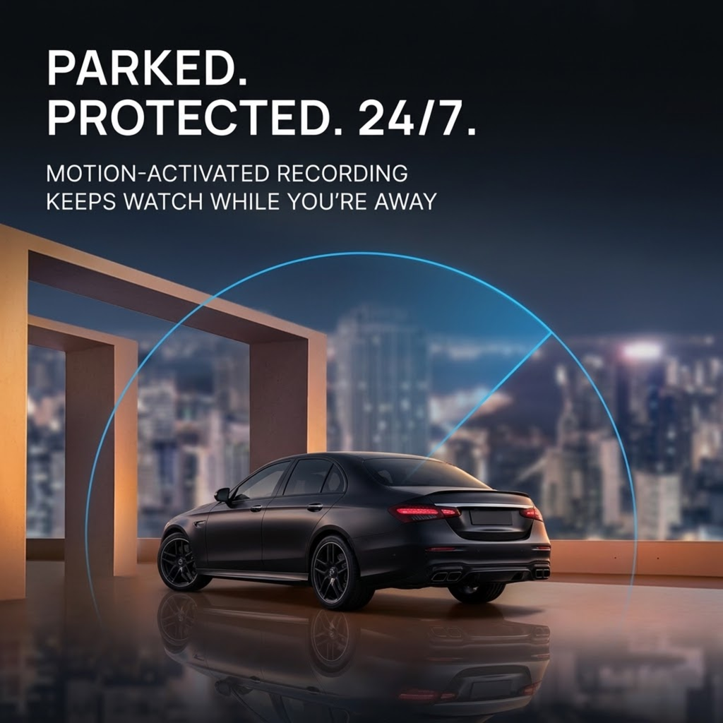 A black sedan shown from the rear three-quarter angle in a modern interior setting with a city skyline at dusk. Large text reads 'PARKED.