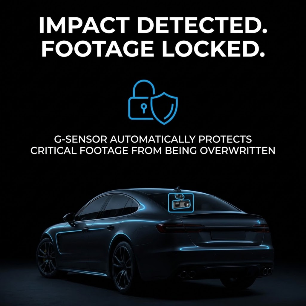 Promotional graphic for a car impact protection feature, with large white text reading 'IMPACT DETECTED. FOOTAGE LOCKED.