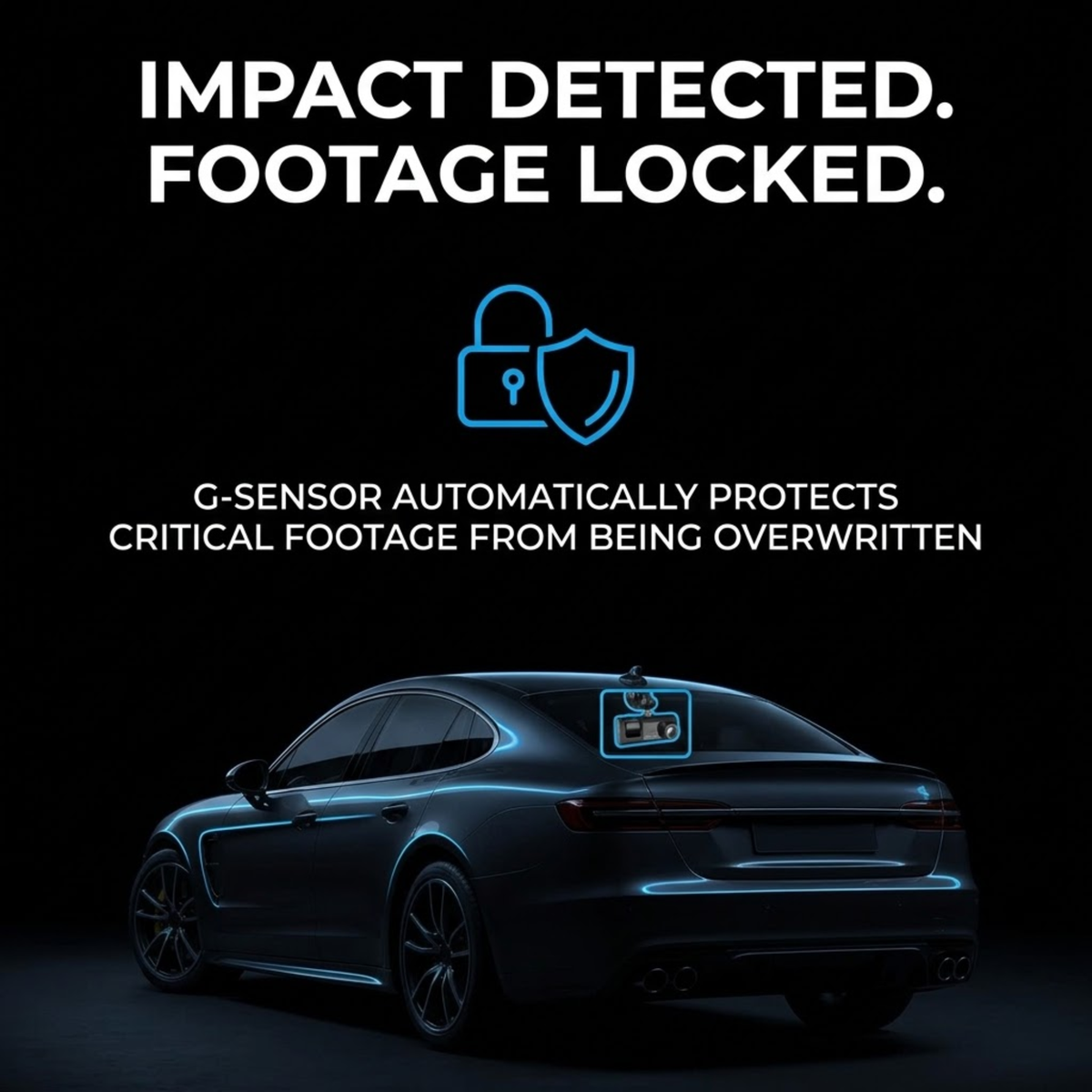 Promotional graphic for a car impact protection feature, with large white text reading 'IMPACT DETECTED. FOOTAGE LOCKED.