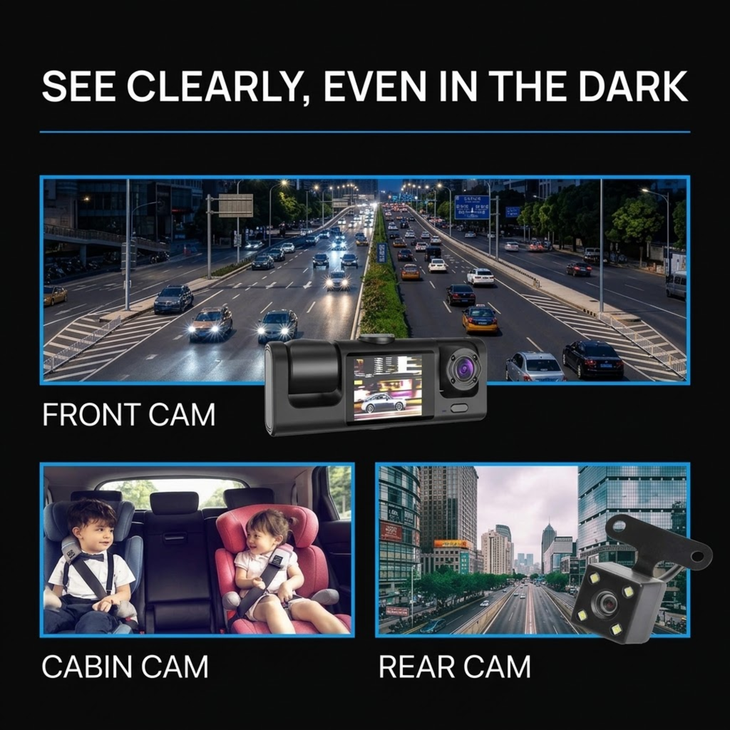 A black dash cam product shown with labeled demo panels for front camera, cabin camera, and rear camera, on a black background with the headline 'SEE CLEARLY, EVEN IN THE DARK'.