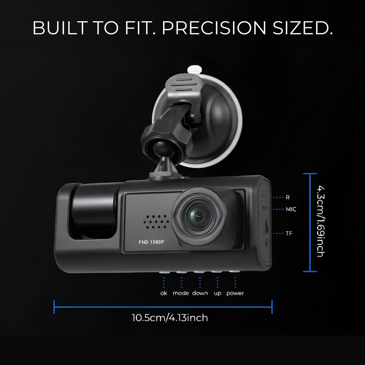 Black car dash camera with suction mount on a black background, with text and dimension lines showing size measurements of 10.5cm by 4.