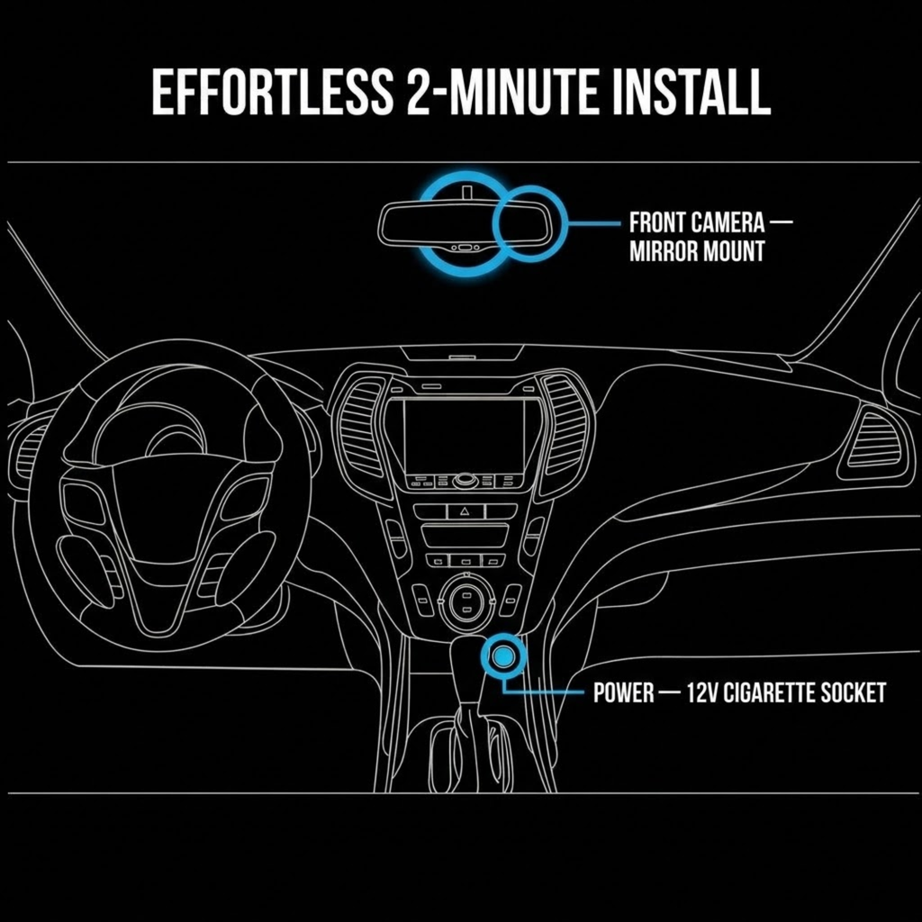 Installation diagram on a black background showing a car interior line drawing with highlighted front camera mirror mount and 12V cigarette socket locations, plus the text 'EFFORTLESS 2-MINUTE INSTALL'.