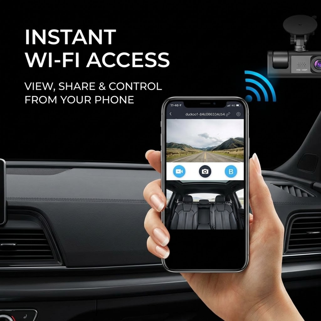 A hand holds a smartphone showing a car interior video feed, with a dash cam mounted above on a car dashboard. Text reads 'INSTANT WI-FI ACCESS' and 'VIEW, SHARE & CONTROL FROM YOUR PHONE,' with a blue wireless signal graphic.