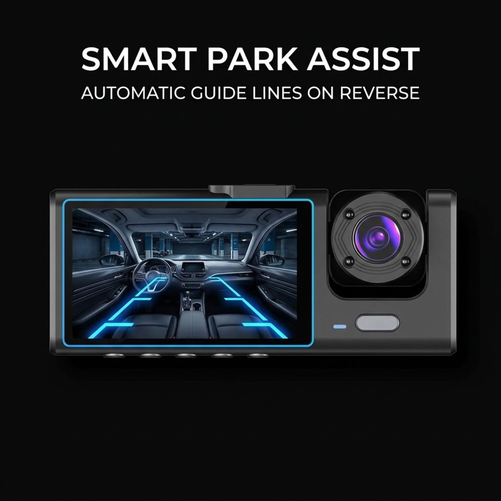 A smart car rear-view camera with a display screen showing a car interior and blue guide lines, alongside a rear camera lens, set against a black background with the text 'SMART PARK ASSIST' and 'AUTOMATIC GUIDE LINES ON REVERSE'.