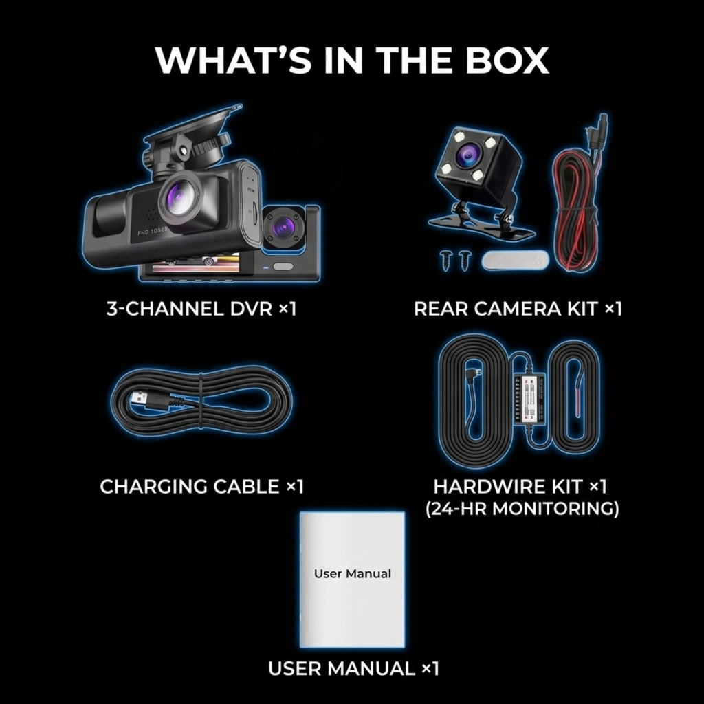 A black 'WHAT'S IN THE BOX' layout showing included items for a dash camera kit: a 3-channel DVR, rear camera kit, charging cable, hardwire kit, and user manual, each labeled with text on a black background.