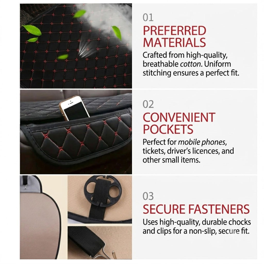 3-Piece Seat Cushion Set infographic highlighting breathable cotton material, storage pockets and secure non-slip fasteners