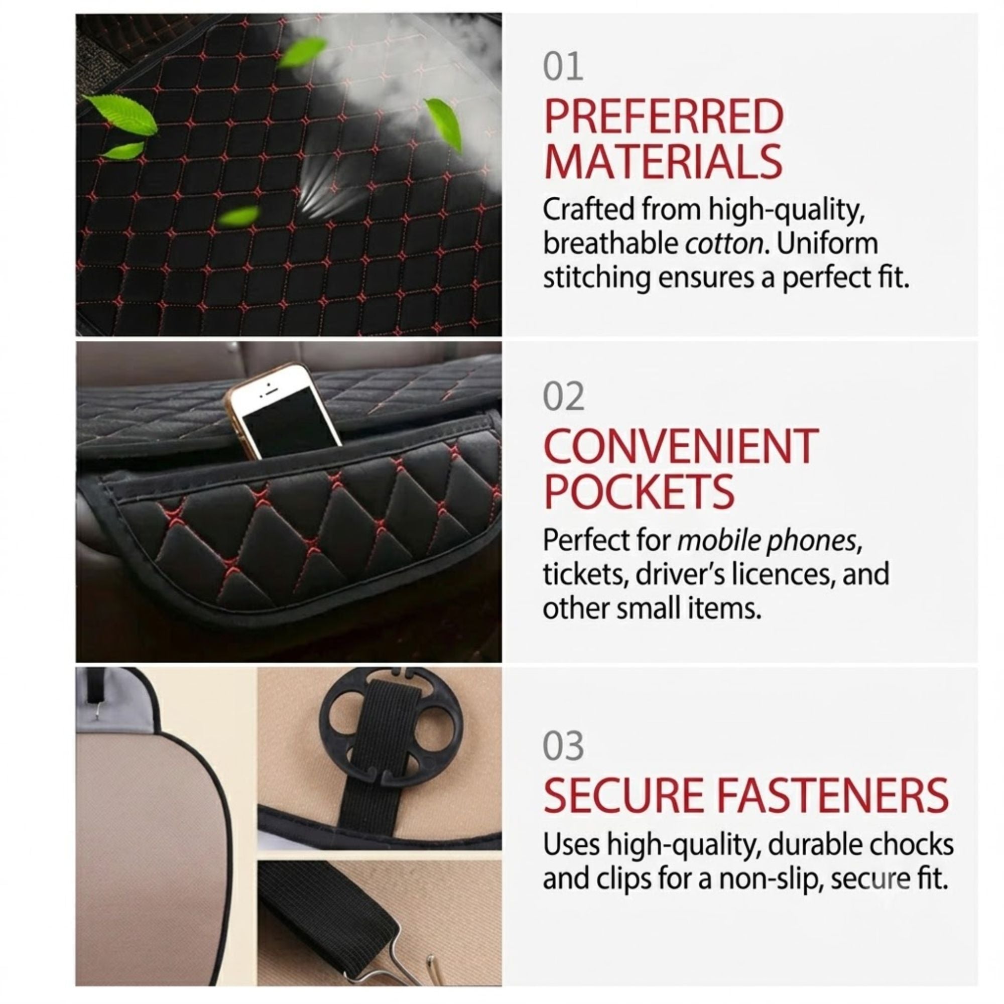 3-Piece Seat Cushion Set infographic highlighting breathable cotton material, storage pockets and secure non-slip fasteners