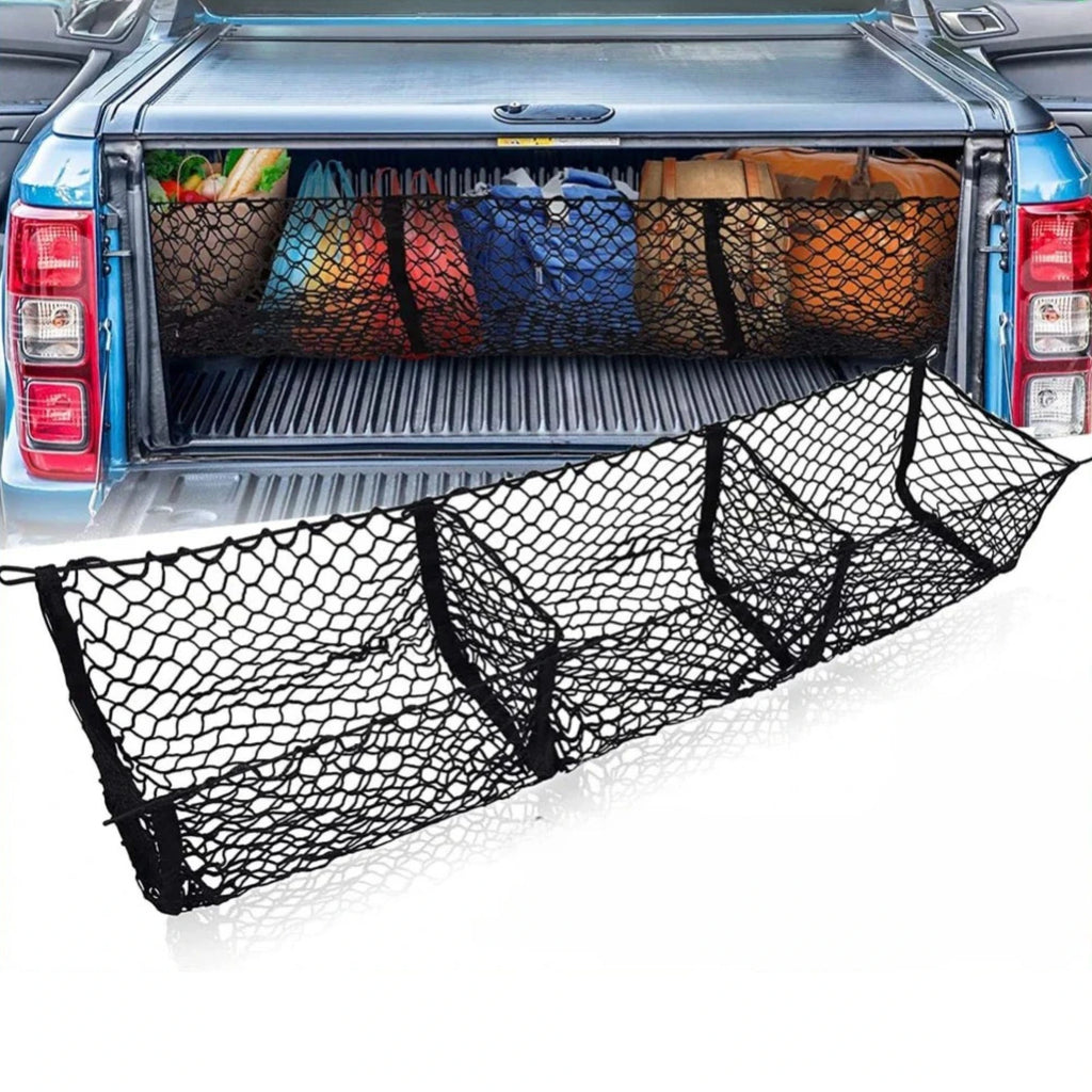 Heavy-Duty Trunk Cargo Net with three pockets stretched across a ute tray, fully loaded with colourful bags, shown alongside the net product on its own