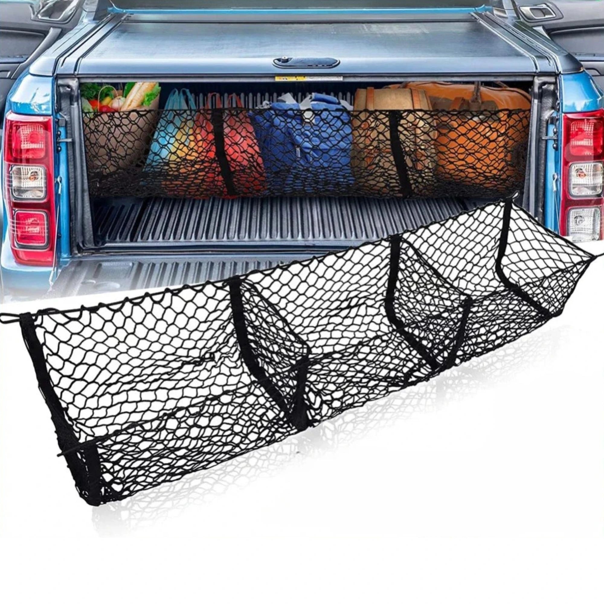 Heavy-Duty Trunk Cargo Net with three pockets stretched across a ute tray, fully loaded with colourful bags, shown alongside the net product on its own