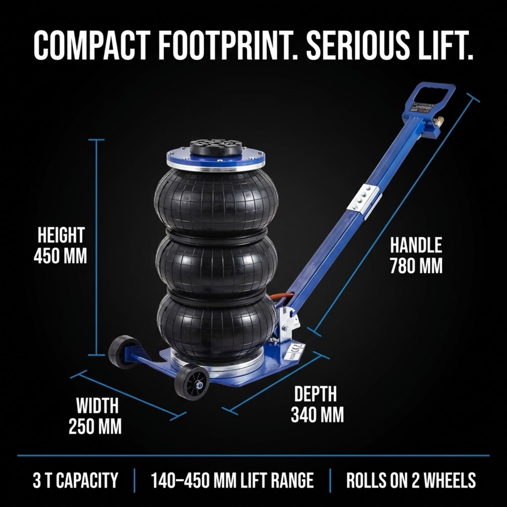 Triple-Bag Air Jack dimensions showing 450 mm height, 250 mm width, 340 mm depth and 780 mm handle