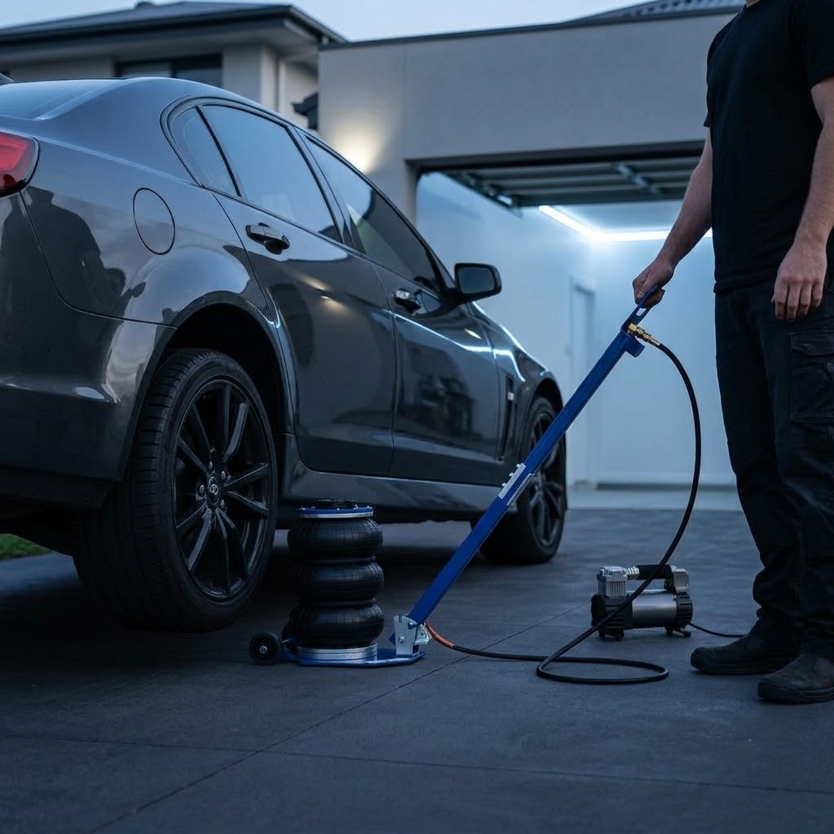 Triple-Bag Air Jack connected to an air compressor lifting a grey sedan on a residential driveway at dusk