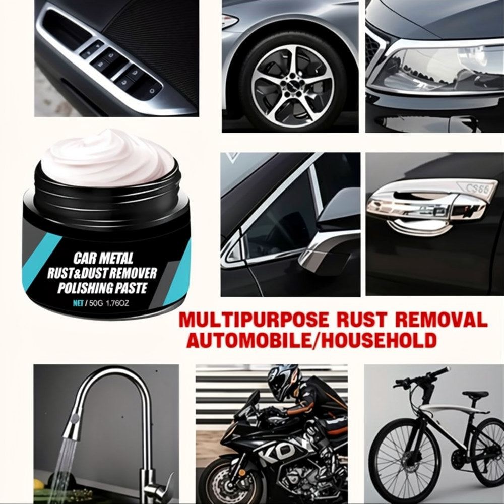 Four use cases for Wheel Hub Rust Remover paste including door handles, alloy wheels, headlights, tap fittings, motorcycles and bicycles for multipurpose rust removal