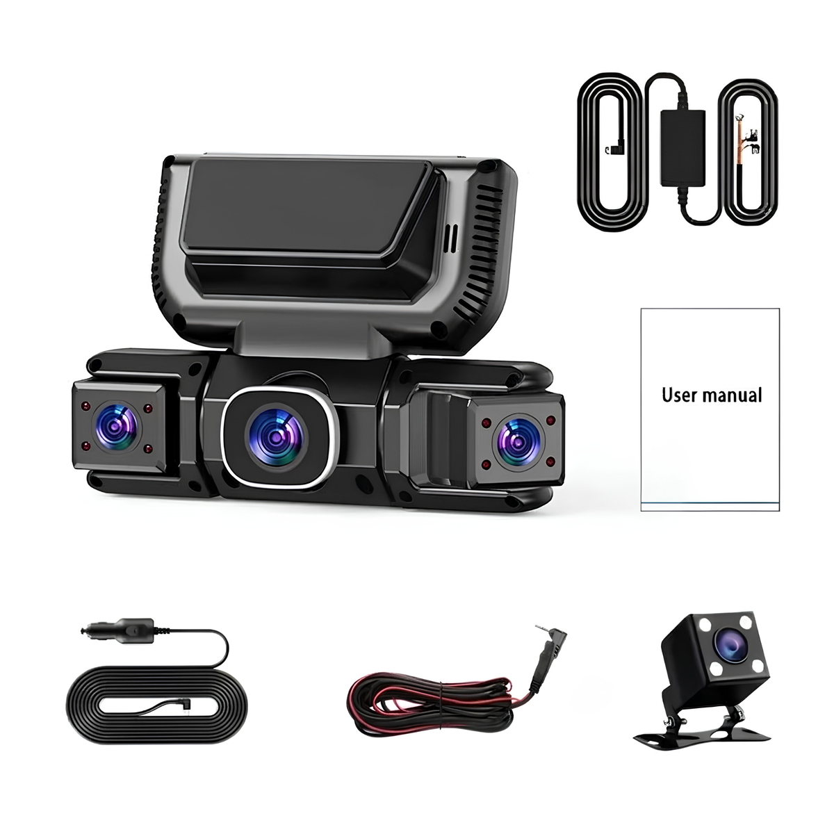4-Channel Dash Cam accessory kit including rear camera, hardwire fuse kit, power cables and user manual on a white background