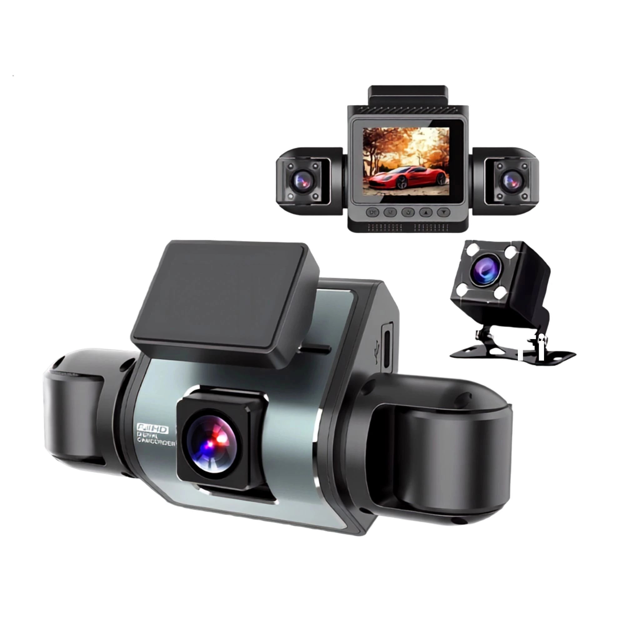 4-Channel WiFi Dash Cam complete kit on a white background showing the main dual-lens recorder, side cameras and rear camera module