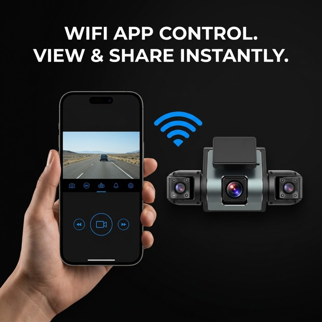 A hand holds a smartphone showing a road video feed, next to a black dash cam with side cameras, under the text 'WIFI APP CONTROL. VIEW & SHARE INSTANTLY.