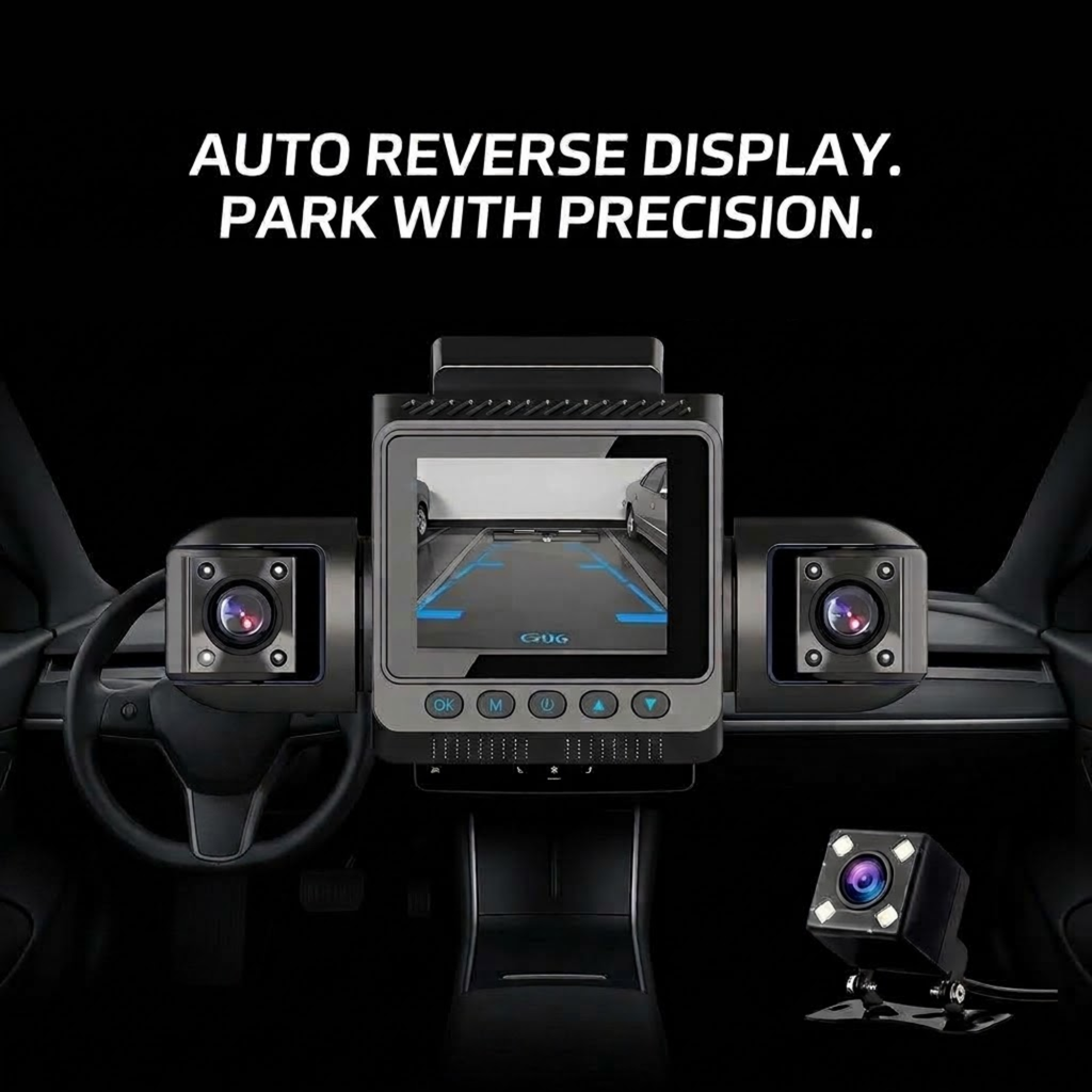 Car backup camera system with a central display screen showing a rear parking view, flanked by two side cameras, and a separate rear view camera mounted at bottom right. White text at the top reads 'AUTO REVERSE DISPLAY.
