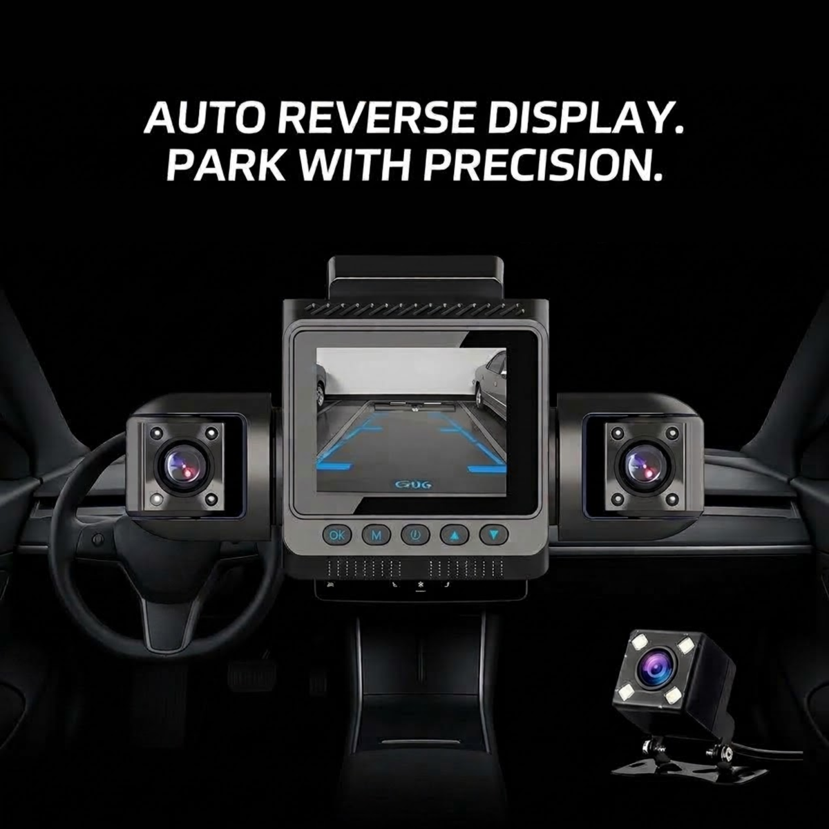 Car backup camera system with a central display screen showing a rear parking view, flanked by two side cameras, and a separate rear view camera mounted at bottom right. White text at the top reads 'AUTO REVERSE DISPLAY.