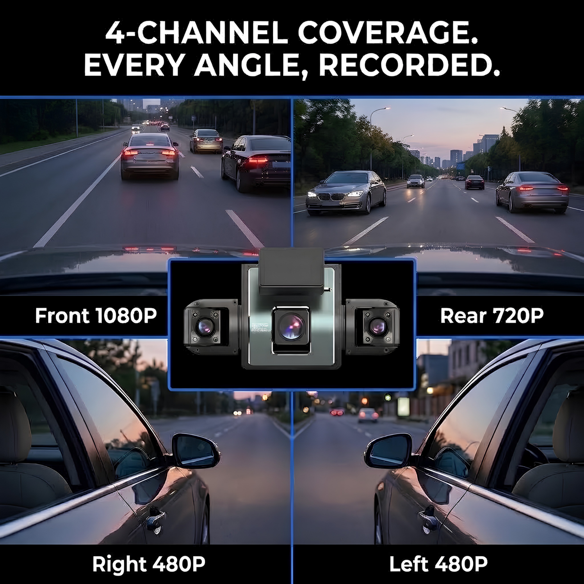 A 4-channel car dashcam package shown in a promotional collage with road scene screenshots and a central product rendering. Text reads: '4-CHANNEL COVERAGE.
