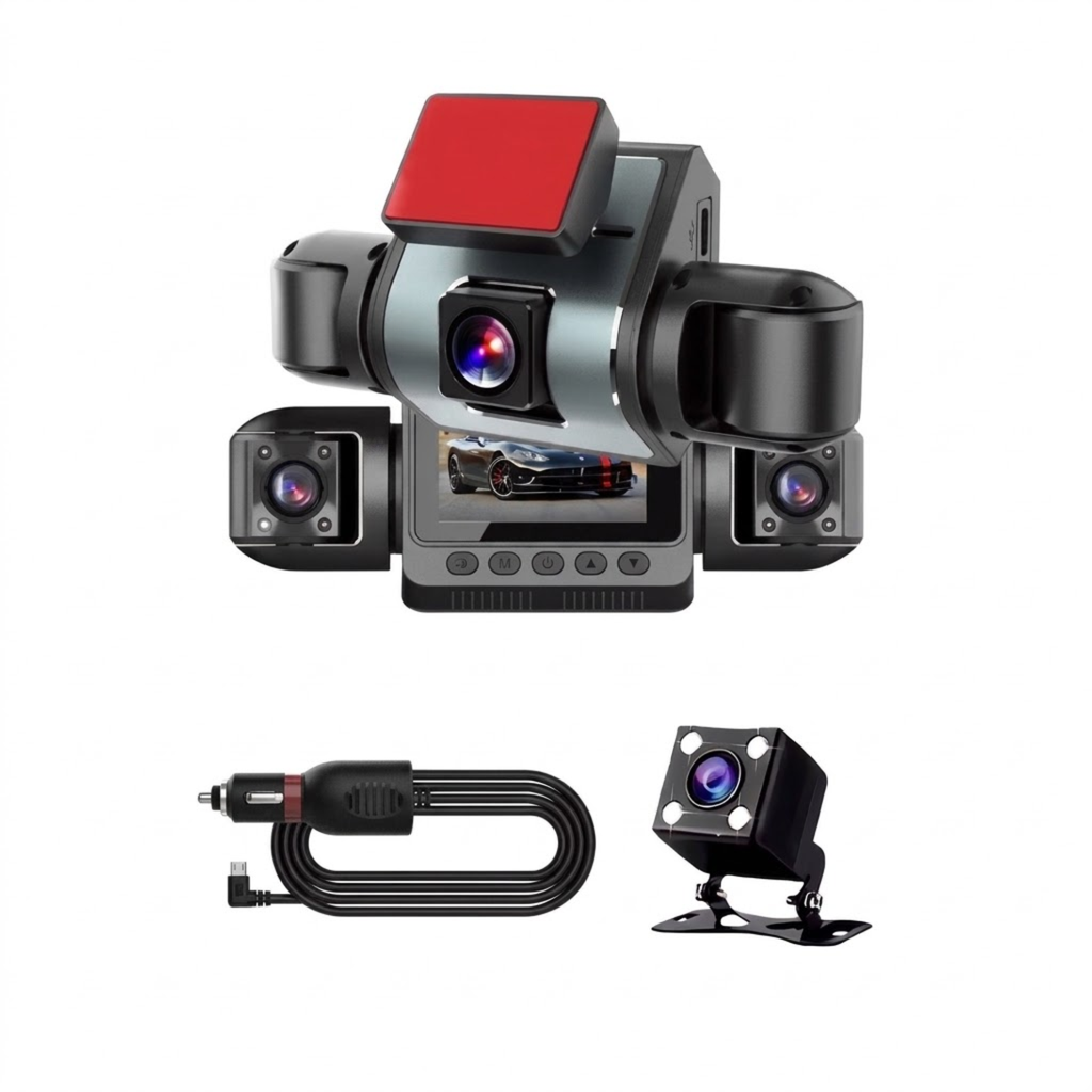 A multi-camera car dashcam and backup camera kit on a white background, including a main black-and-silver dashcam with a red top cover, two side cameras, a rear camera with a mounting clip, and a black car power adapter cable.