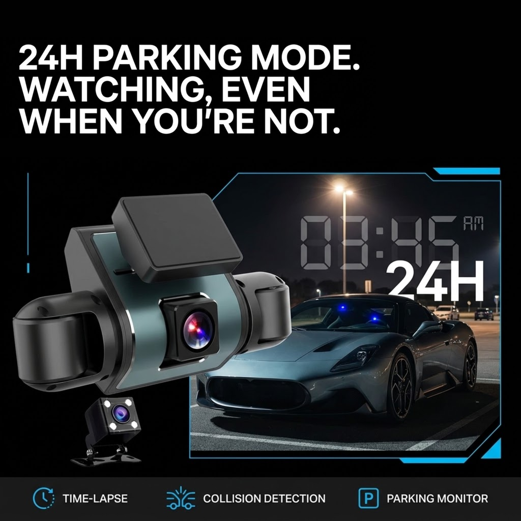 Black parking camera product shown with marketing text and a night scene inset of a car, advertising 24-hour parking monitoring features.