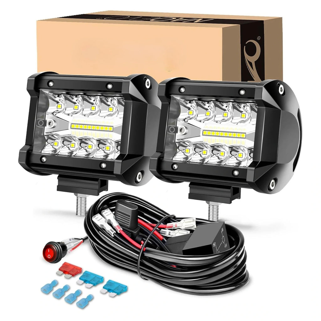 Pair of 4-inch NAOEVO LED driving light pods with white spot/flood combo beam, shown with retail box, wiring harness, toggle switch and fuses