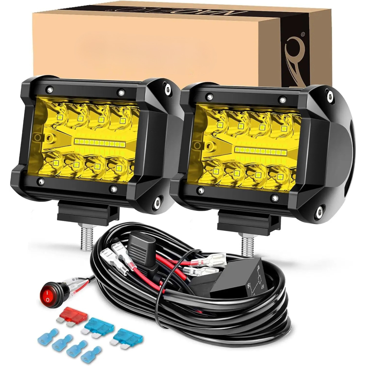 Pair of 4-inch NAOEVO LED driving light pods fitted with amber yellow lens covers, shown with retail box and wiring harness kit