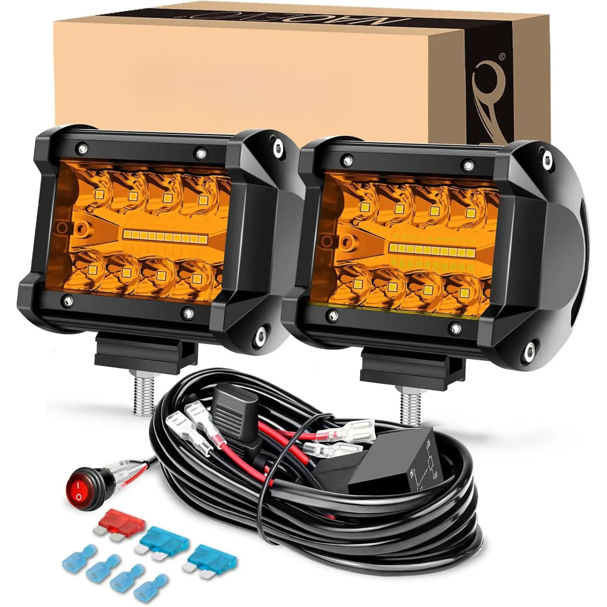 Pair of 4-inch NAOEVO LED driving light pods with amber lens covers, wiring harness and retail box, alternate angle