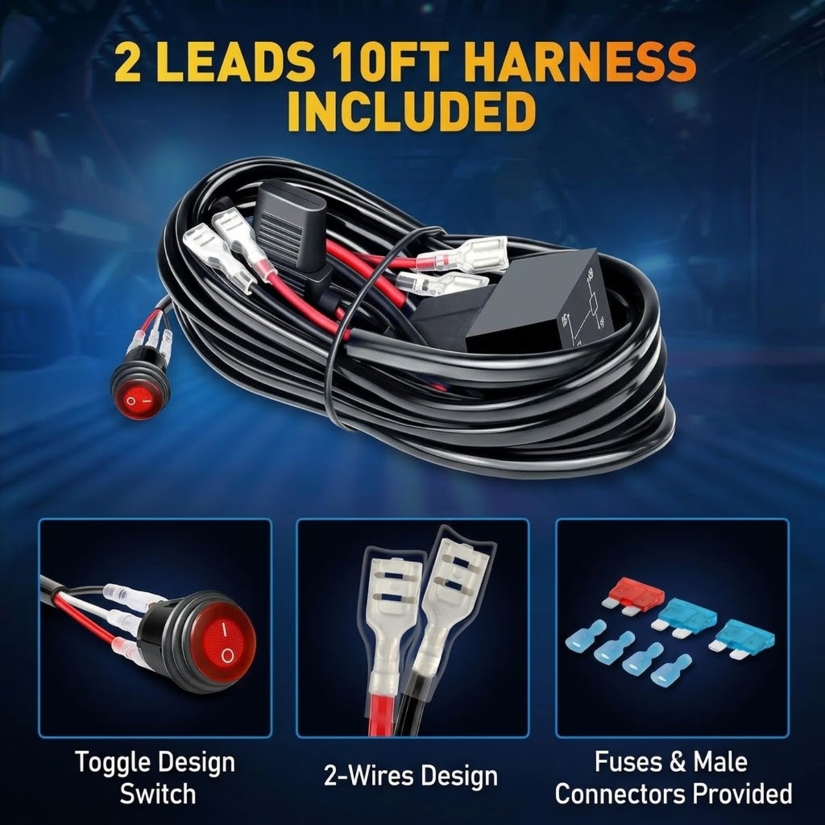 Infographic of the included wiring harness kit for the 4-inch LED driving pods, showing the 10ft two-lead harness, toggle switch, wire connectors and fuses